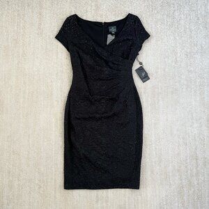 NWT Adrianna Papell Formal Evening Beaded Sequin Black Faux Wrap Midi Dress 6